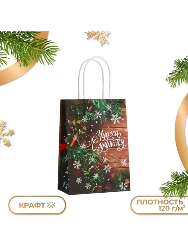 Пакет подарочный новогодний крафтовый &laquo;Чудеса&raquo;, 12&times;21&times;9 см