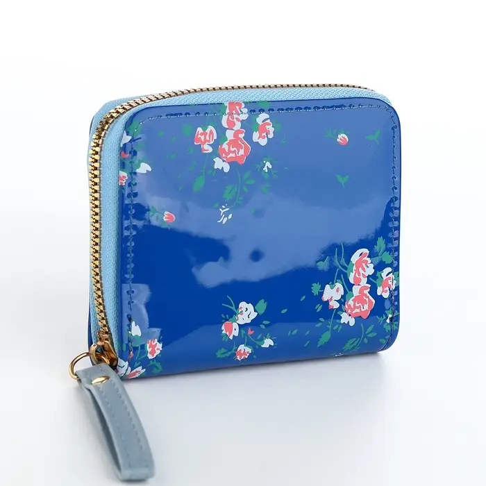 Кошелёк женский на молнии с ремешком, лакированный, синий