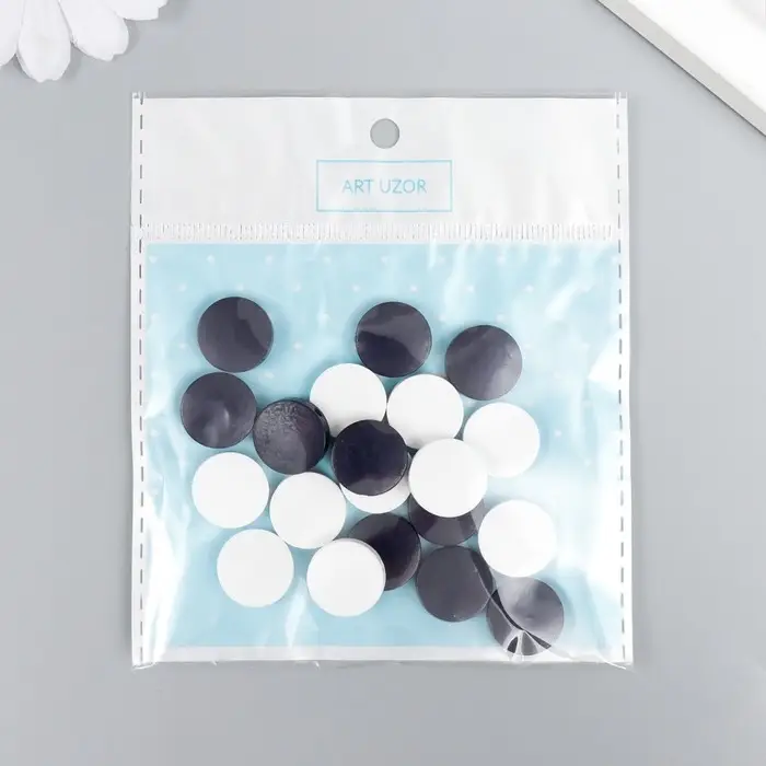 Бусины для творчества дерево "Плоский круг" набор 20 шт белый, тёмно-синий 0,4х1,5х1,5 см