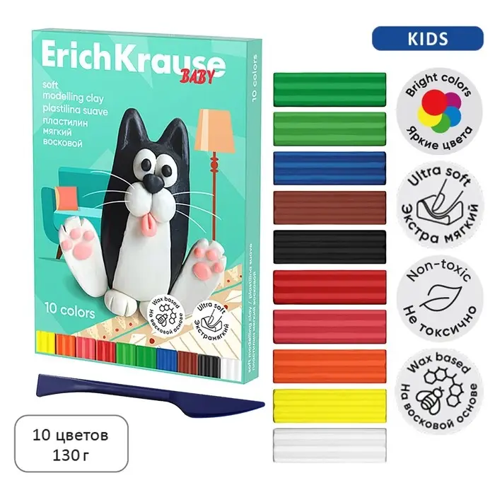 Пластилин мягкий (восковой) 10 цветов, 130 г, ErichKrause  Пластилин мягкий (восковой) 10 цветов, 130 г, ErichKrause "Baby", со стеком, на растительно основе, с Алоэ Вера , европодвес