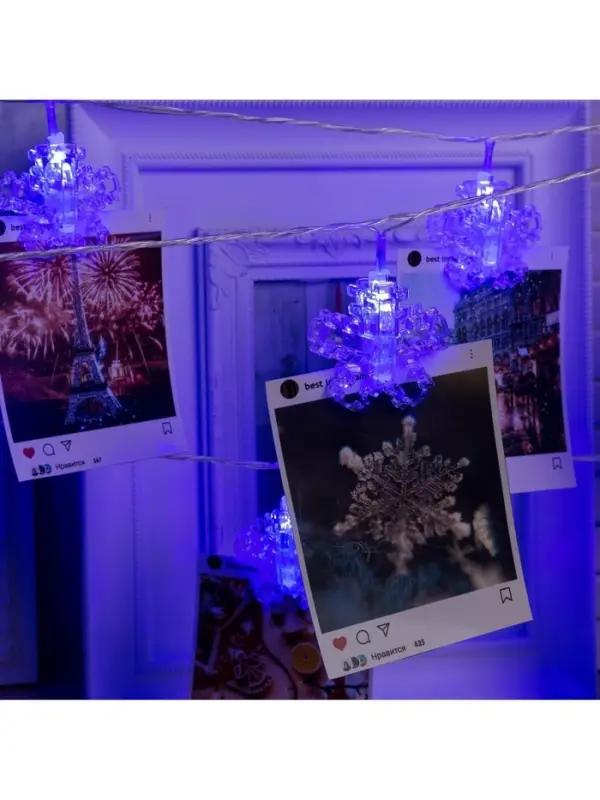 Гирлянда &laquo;Нить&raquo; 4.5 м с насадками &laquo;Прищепки-снежинки&raquo;, IP20, прозрачная нить, 20 LED, свечение синее, 220 В