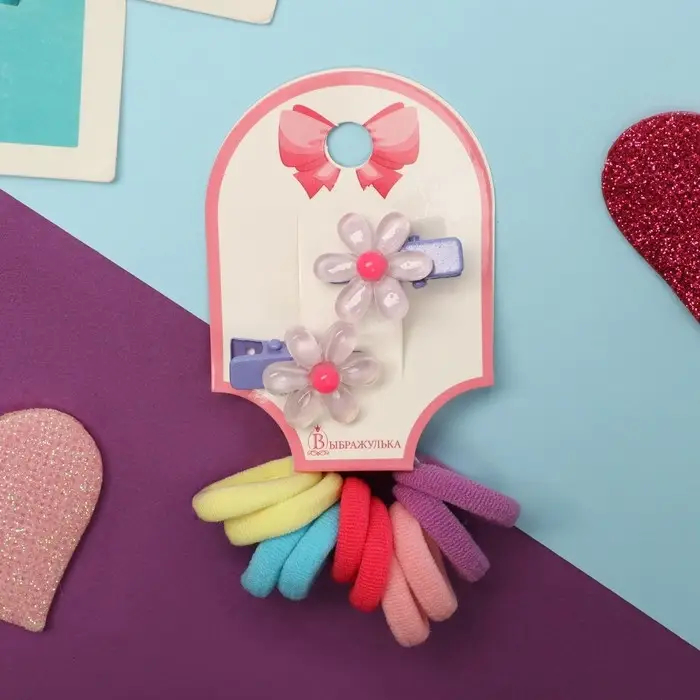 Набор для волос Набор для волос "Карамель" (10 резинок 1,5 см, 2 зажима 2,5 см) ромашки, сиреневый