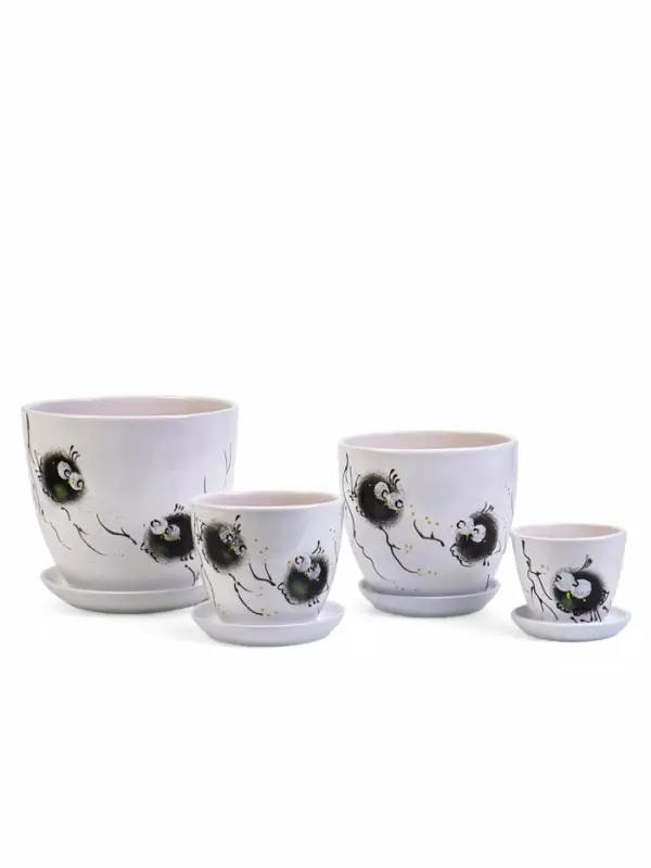 Набор горшков цветочный поддоном 4 шт 0,4 / 1 / 2,5 / 5 л керамика Птички бел Набор горшков цветочный поддоном 4 шт 0,4 / 1 / 2,5 / 5 л керамика Птички бел