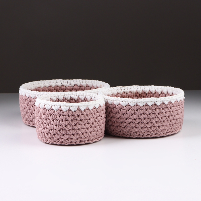 Набор вязанных корзин, 3 шт, полиэфирное волокно, сиреневый Набор вязанных корзин, 3 шт, полиэфирное волокно, сиреневый