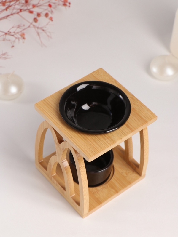 Аромалампа бамбук, керамика с подставкой под свечу Аромалампа бамбук, керамика с подставкой под свечу "Узоры" чёрная 9,5х9,5х13,5 см