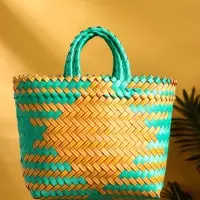 Сумка плетёная пластиковая 20х10х30 см, цв. бирюзовый-жёлтый Сумка плетёная пластиковая 20х10х30 см, цв. бирюзовый-жёлтый