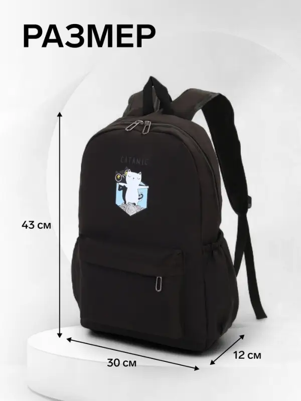 Рюкзак школьный на молнии, с карманами, с принтом, размер 30&times;12&times;43 см, чёрный