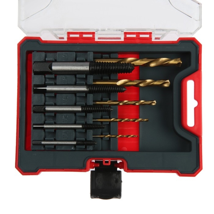 Набор экстракторов и сверл ТУНДРА, левая резьба, 45 сталь М1-М5, d=2.4-8 мм HSS, TIN Набор экстракторов и сверл ТУНДРА, левая резьба, 45 сталь М1-М5, d=2.4-8 мм HSS, TIN