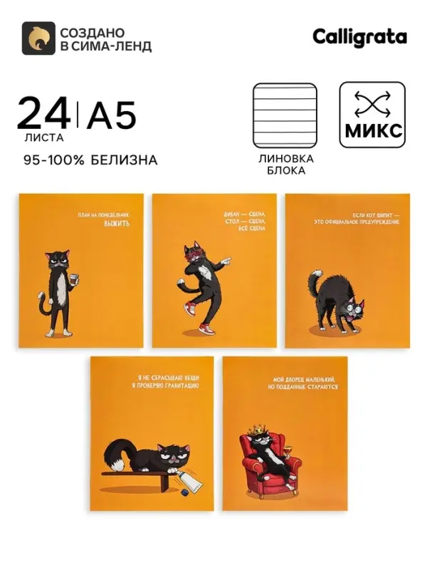 Тетрадь 24 листа в линейку Calligrata &laquo;Кошачьи мемы&raquo;, блок офсет, 5 В МИКС