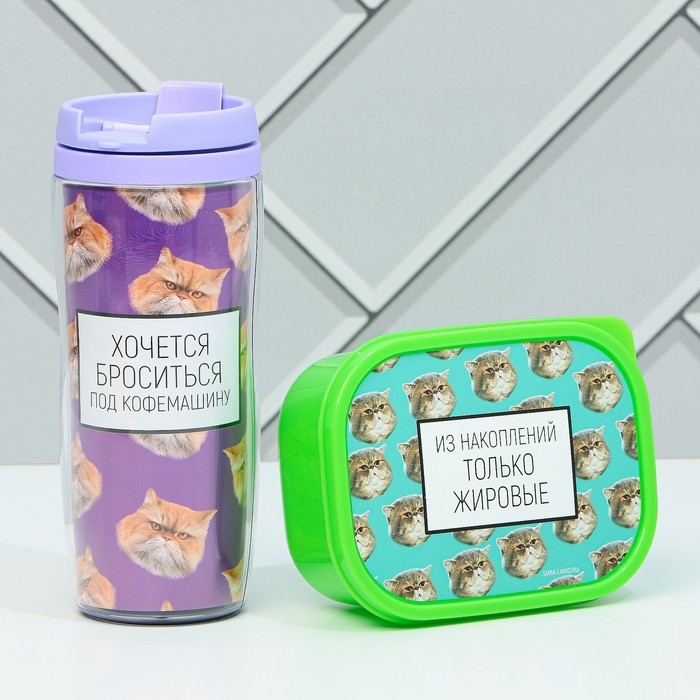 Подарочный набор «Толстые котики»: термостакан 350 мл., ланч-бокс 500 мл Подарочный набор «Толстые котики»: термостакан 350 мл., ланч-бокс 500 мл