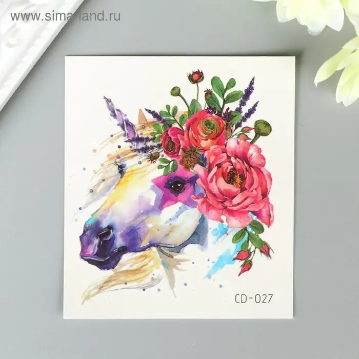 Переводная тату на тело цветная «Единорог с цветами», 8×7.5 см