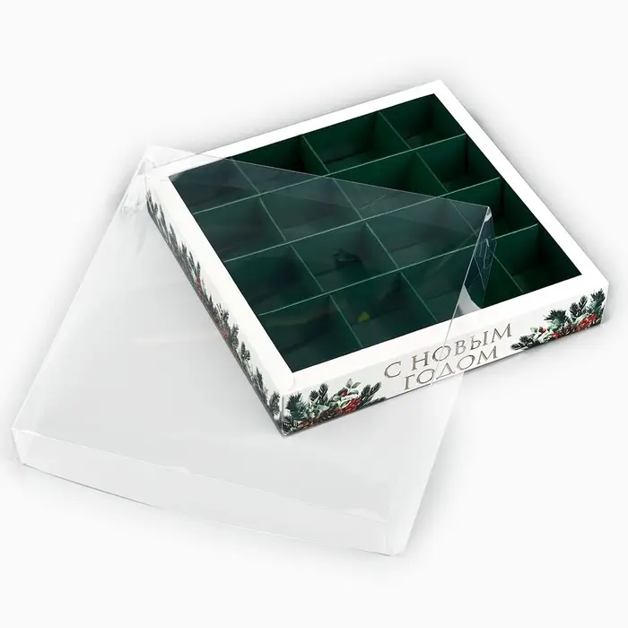 Коробка под 16 конфет с ячейками &laquo;Новогодняя ботаника&raquo;, 19&times;19&times;3 см
