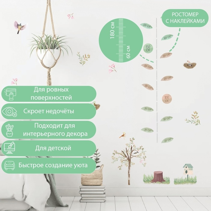 Наклейка интерьерная цветная ростомер  Наклейка интерьерная цветная ростомер "Птицы в гнёздах на дереве" 50х70 см