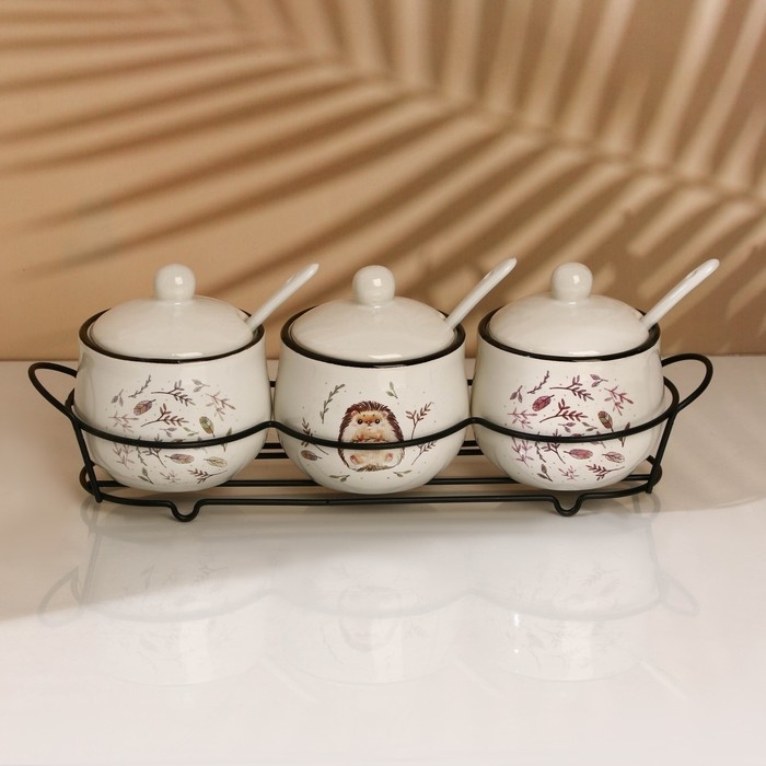 Банки керамические для специй на металлической подставке «Ёжик», 200 мл, 3 шт Банки керамические для специй на металлической подставке «Ёжик», 200 мл, 3 шт