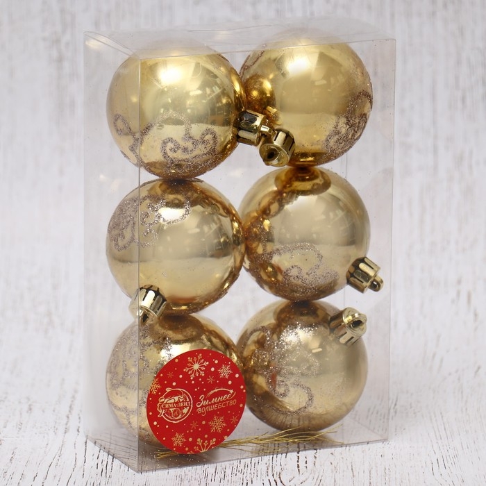 Набор шаров пластик d-6 см, 6 шт Набор шаров пластик d-6 см, 6 шт "Эмили узоры" золото