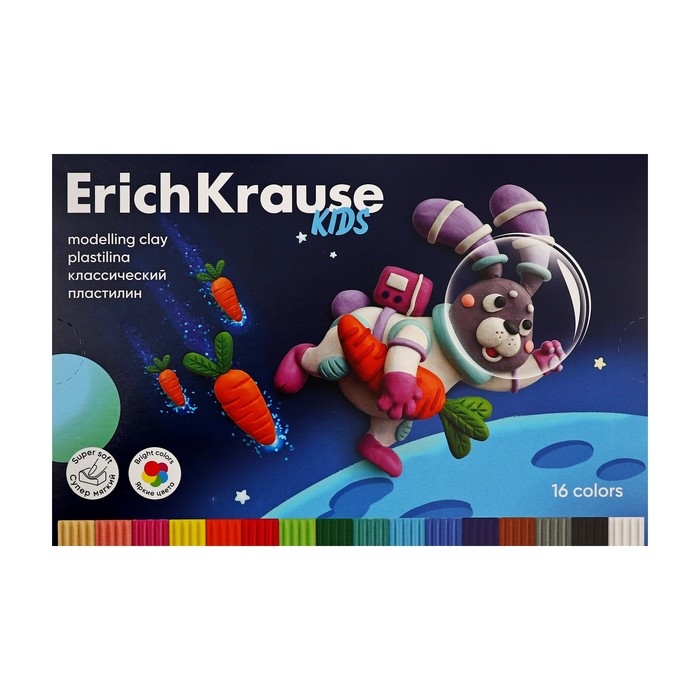 Пластилин 16 цветов, 216 г, ErichKrause Пластилин 16 цветов, 216 г, ErichKrause "Kids Space Animals", со стеком, в картонной упаковке