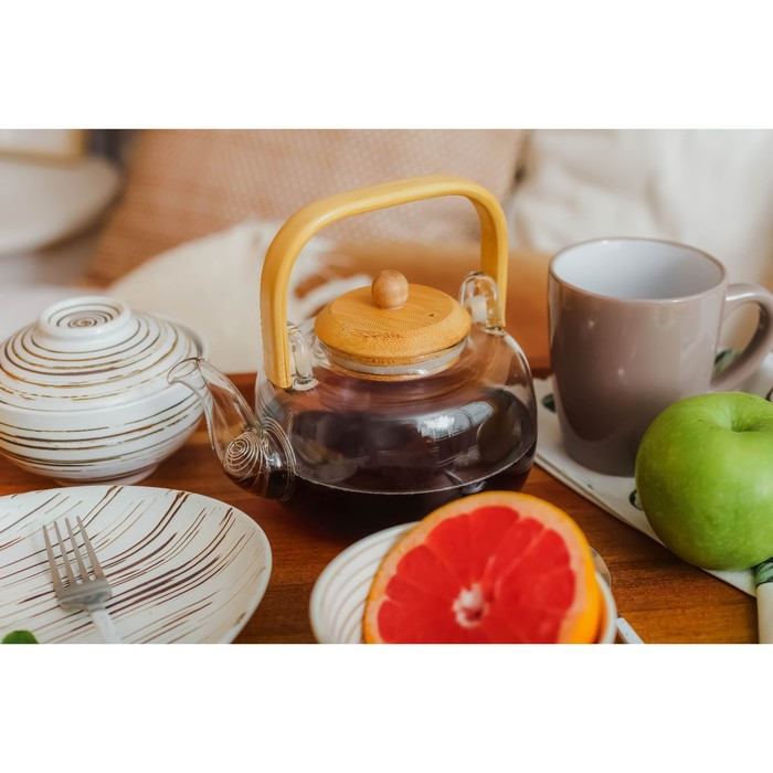 Чайник стеклянный заварочный с бамбуковой крышкой и металлическим фильтром «Эко. Бабл», 800 мл, 18×13,5×12,5 см Чайник стеклянный заварочный с бамбуковой крышкой и металлическим фильтром «Эко. Бабл», 800 мл, 18×13,5×12,5 см