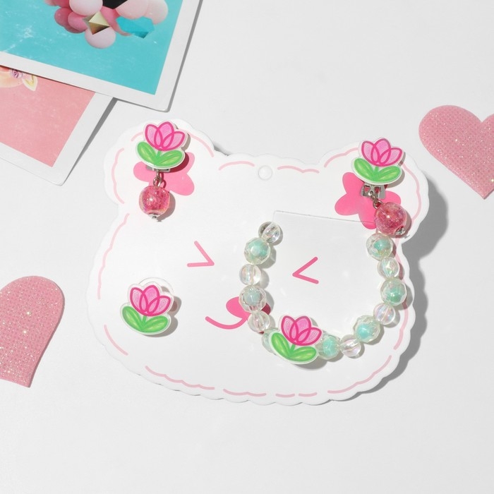 Набор детский «Выбражулька» 3 предмета: клипсы, браслет, кольцо, цветы тюльпаны, цветной Набор детский «Выбражулька» 3 предмета: клипсы, браслет, кольцо, цветы тюльпаны, цветной