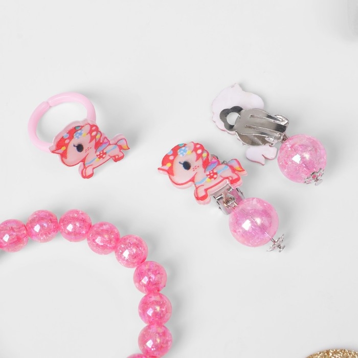 Набор детский «Выбражулька» 3 предмета: клипсы, браслет, кольцо, единороги, красный Набор детский «Выбражулька» 3 предмета: клипсы, браслет, кольцо, единороги, красный