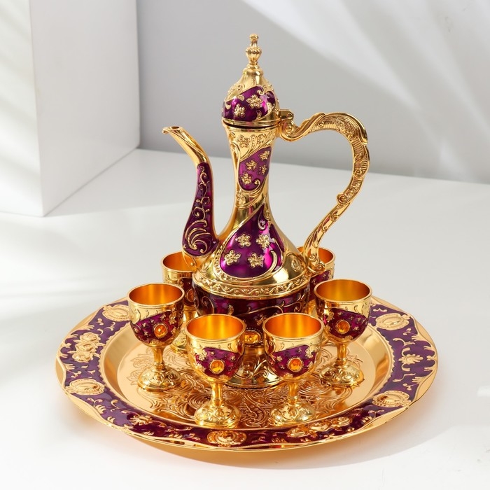 Набор винный кувшин, 6 бокалов и поднос  Набор винный кувшин, 6 бокалов и поднос "Стамбул. Цветы" фиолетовый с золотом