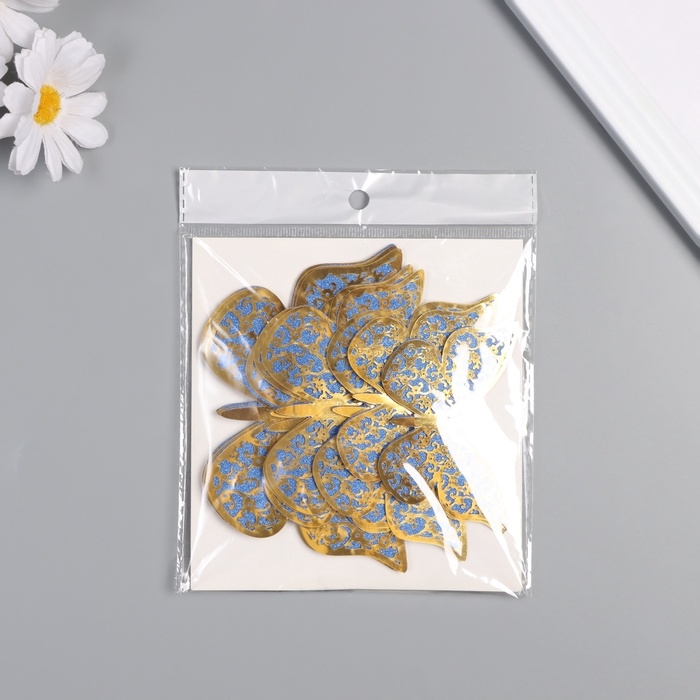 Наклейка бумага, пластик "Цветочные бабочки синие" блёстки набор 12 шт 12 см, 10 см 8 см