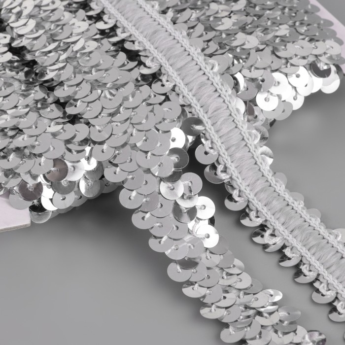 Тесьма декоративная с пайетками, на резинке, 2 см, 9 ± 0,5 м, цвет серебряный Тесьма декоративная с пайетками, на резинке, 2 см, 9 ± 0,5 м, цвет серебряный