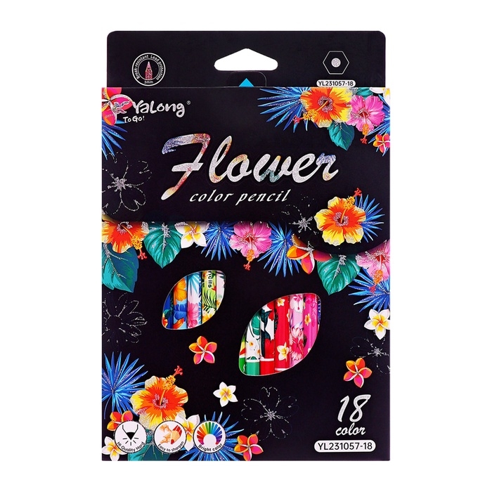 Карандаши 18 цветов в картонной коробке, шестигранные, деревянные,Цветы на чёрном МИКС Карандаши 18 цветов в картонной коробке, шестигранные, деревянные,Цветы на чёрном МИКС