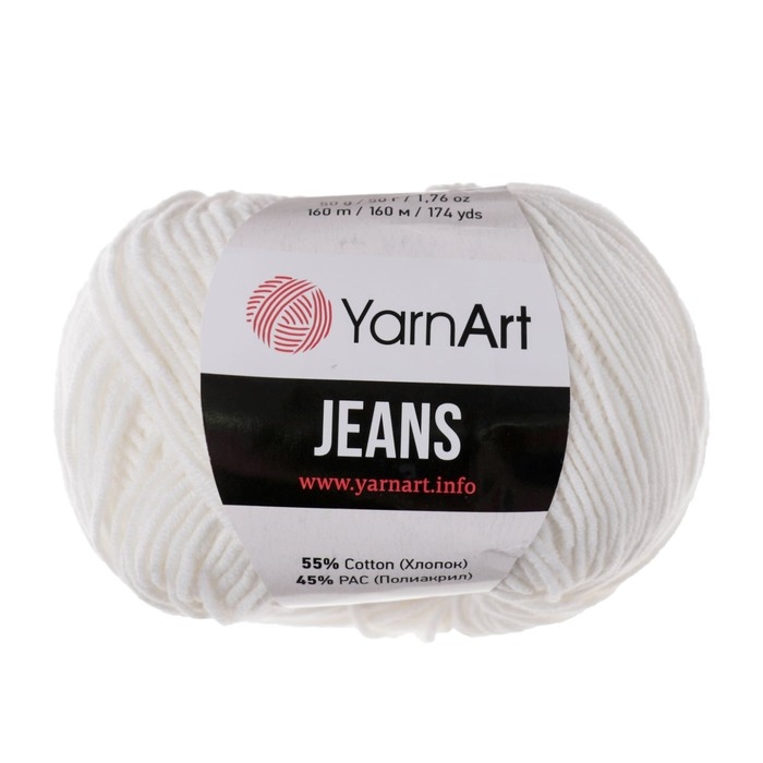 Пряжа Пряжа "Jeans" 55% хлопок, 45% акрил 160м/50гр (01 белый)