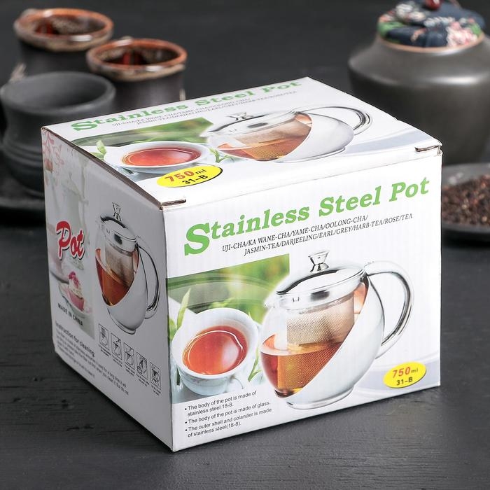 Чайник стеклянный заварочный с металлическим ситом «Металлик», 750 мл Чайник стеклянный заварочный с металлическим ситом «Металлик», 750 мл