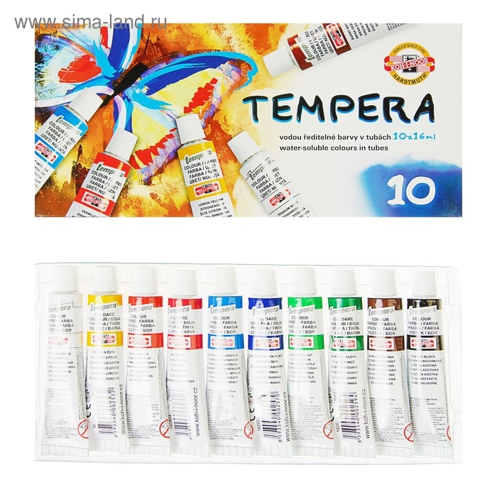 Краски темперные 10 цветов по 16 мл, Koh-I-Noor, в тубах, без кисти Краски темперные 10 цветов по 16 мл, Koh-I-Noor, в тубах, без кисти