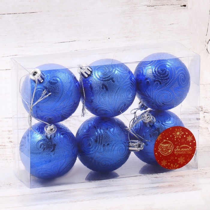 Набор шаров пластик d-6 см, 6 шт Набор шаров пластик d-6 см, 6 шт "Кружевной узор" синий