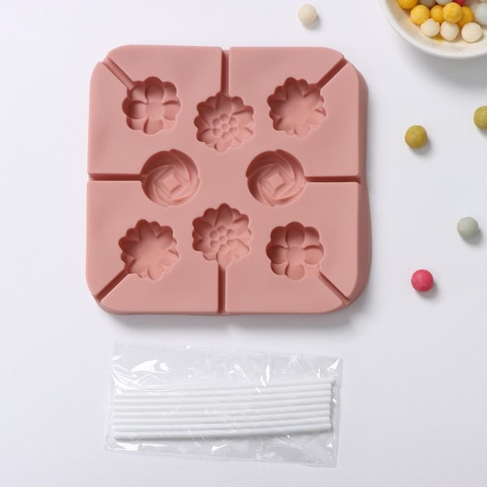 Форма для леденцов Доляна «Летний полдень», силикон, 12,5×12,5×1,5 см, 8 ячеек (2,7×2,7 см), с палочками, цвет МИКС Форма для леденцов Доляна «Летний полдень», силикон, 12,5×12,5×1,5 см, 8 ячеек (2,7×2,7 см), с палочками, цвет МИКС