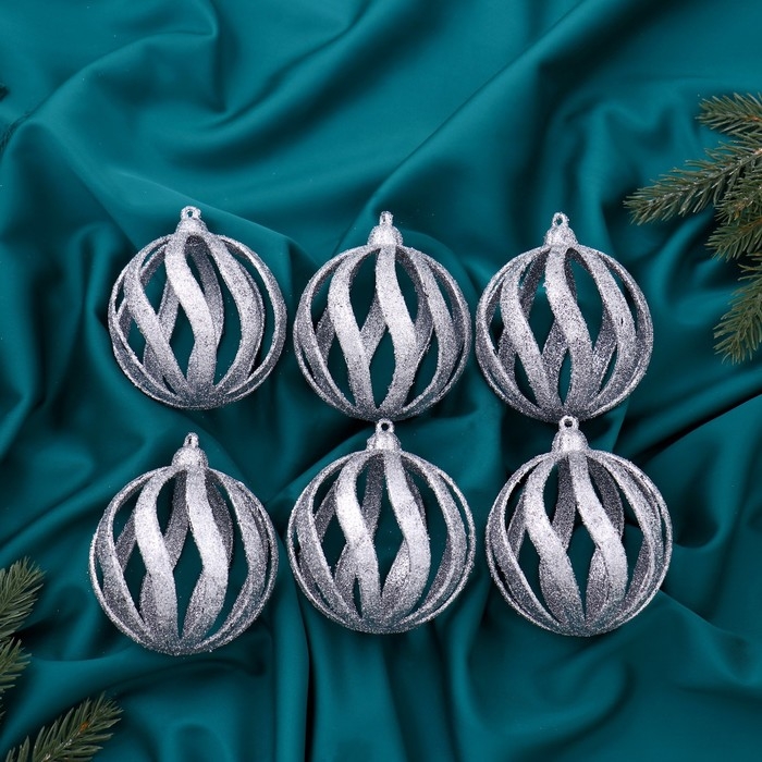 Набор шаров пластик d-8 см, 6 шт Набор шаров пластик d-8 см, 6 шт "Селин" серебро