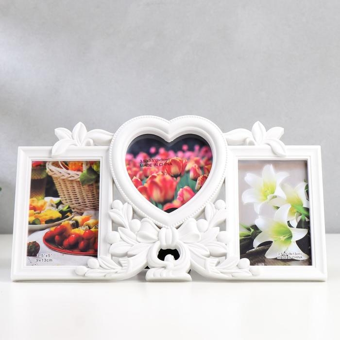 Фоторамка пластик на 3 фото 9х13, 10х10 см  Фоторамка пластик на 3 фото 9х13, 10х10 см "Бант и ягодки" белая 17,5х32 см