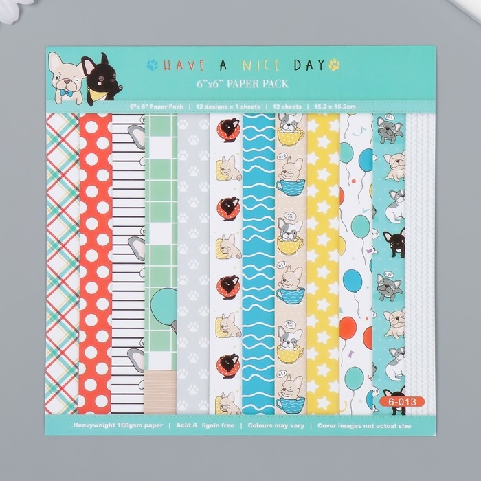 Набор бумаги для скрапбукинга 12 лист 12 дизайнов Набор бумаги для скрапбукинга 12 лист 12 дизайнов "Пёсики. Хороший день" 160гр 15,2х15,2 см 995446