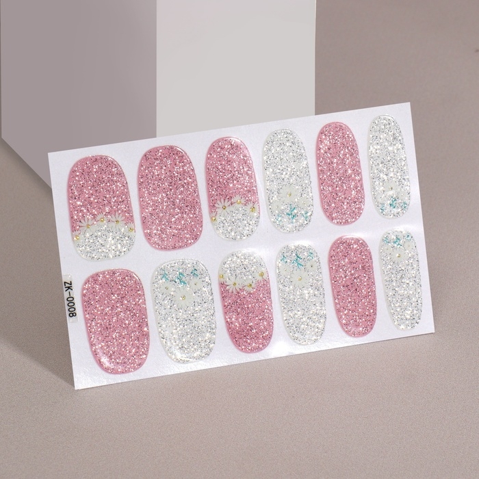 Лаковые полоски для маникюра, 12 шт, с блёстками, цвет розовый/серебристый Лаковые полоски для маникюра, 12 шт, с блёстками, цвет розовый/серебристый
