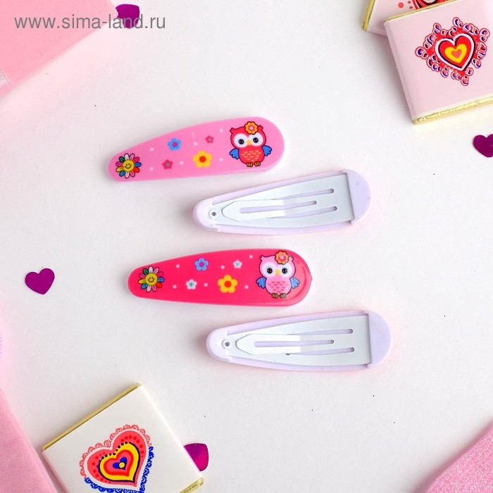Невидимка для волос  Невидимка для волос "Весёлый глянец" (набор 4 шт) совушки 5 см, розовый