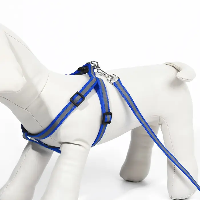 Комплект со светоотражающей лентой, ширина 1 см, поводок 120 см, шлейка 26-40 см, синий