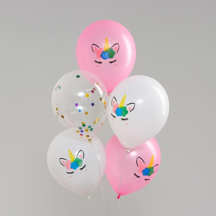 Букет из шаров 12" &laquo;Единорог&raquo;, конфетти, латекс, лента, набор 5 шт.