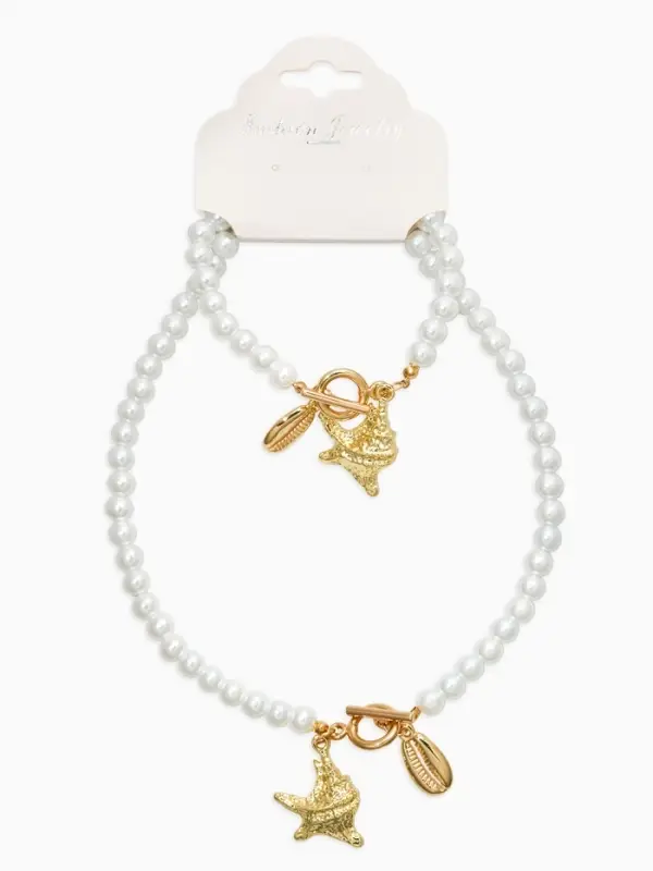 Набор 2 предмета: бусы. браслет &laquo;Жемчуг. Ракушка&raquo;, L=18/42 см, №8, белый в золоте