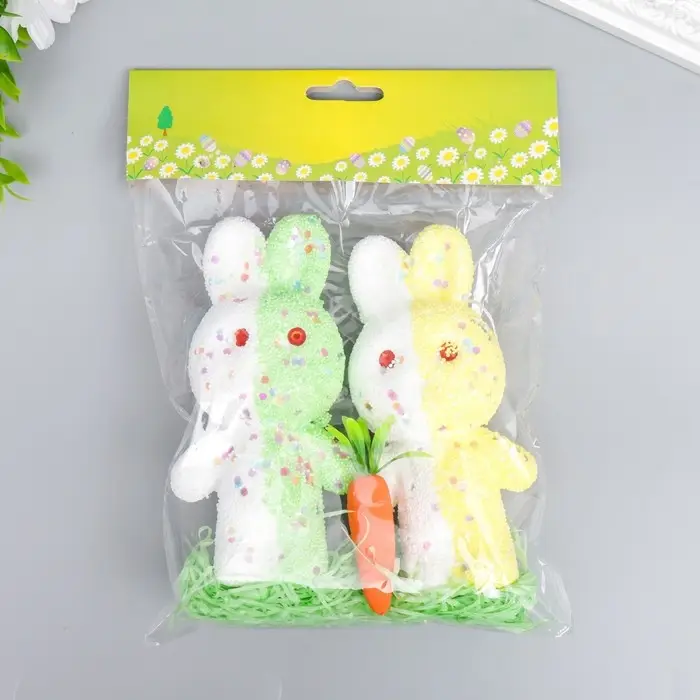 Пасхальный декор «Зайчата в посыпке с морковкой и травкой», набор: жёлтый, зелёный, 12 см, настольная фигурка Пасхальный декор «Зайчата в посыпке с морковкой и травкой», набор: жёлтый, зелёный, 12 см, настольная фигурка
