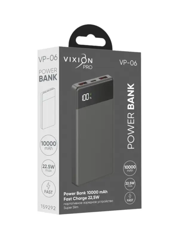 Внешний аккумулятор VIXION PRO VP-06, 10000 мА&middot;ч, USB + Type-C, LED-дисплей, чёрный