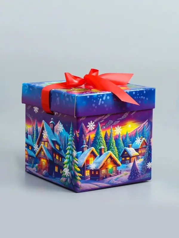 Подарочная новогодняя коробка крышка-дно с атласной лентой 17×17×17 см Подарочная новогодняя коробка крышка-дно с атласной лентой 17×17×17 см