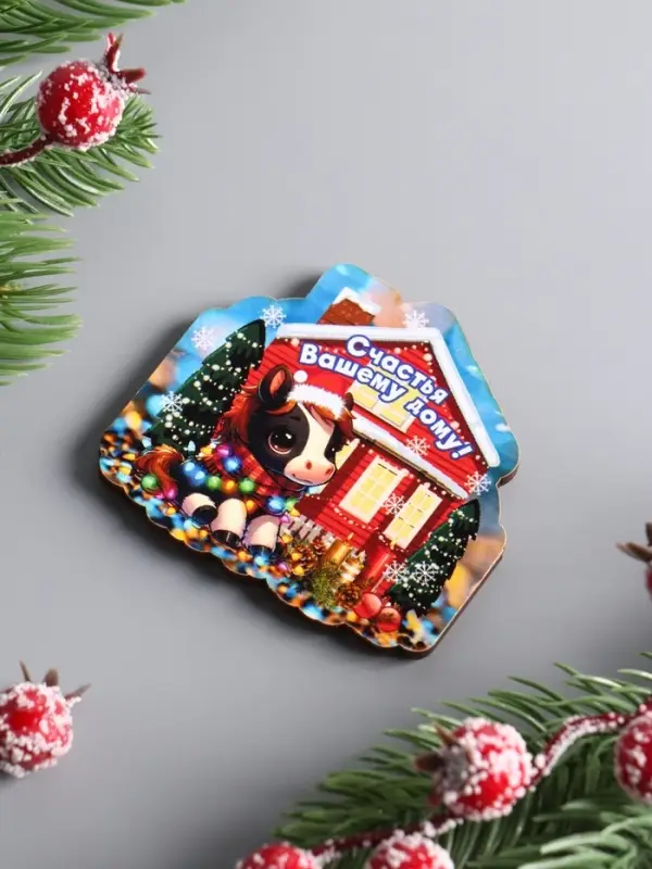 Магнит новогодний 2026 «Счастья Вашему дому», размер магнита 7×6.5 см