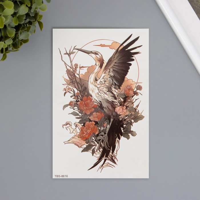 Татуировка на тело цветная Татуировка на тело цветная "Аист в цветах" 12х19 см