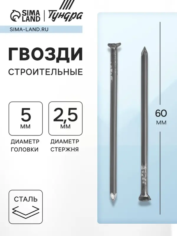 Гвозди ТУНДРА, строительные, ГОСТ 4028-63, без покрытия, 2.5&times;60 мм, фасовка 1 кг