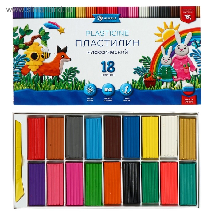 Пластилин GLOBUS Пластилин GLOBUS "Классический", 18 цветов, 360 г, со стеком