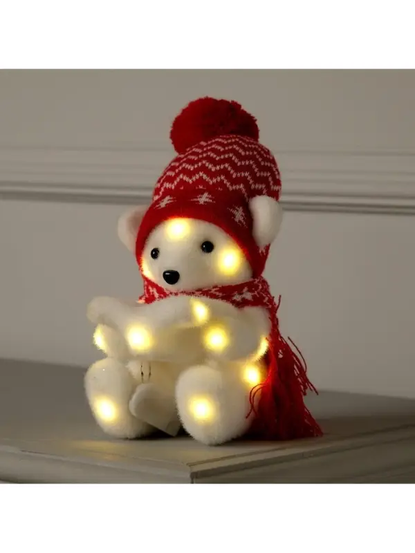 Светодиодная фигура &laquo;Медвежонок в шапке&raquo; 10&times;18&times;10 см, флок, от батареек CR2032&times;2, свечение тёплое белое