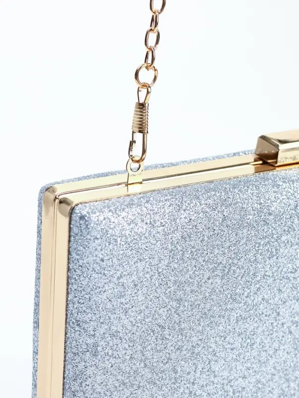 Сумка-клатч женская вечерняя на фермуаре, жёсткий корпус, на цепочке, блестящая, серебристая