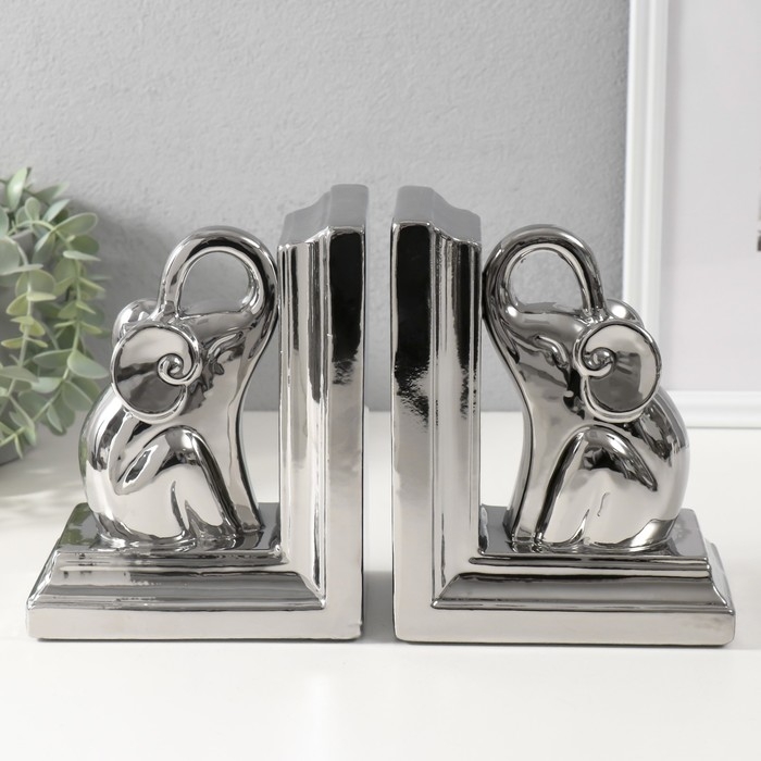 Держатели для книг керамика  Держатели для книг керамика "Слоны" набор 2 шт серебро 14,5х9х18 см